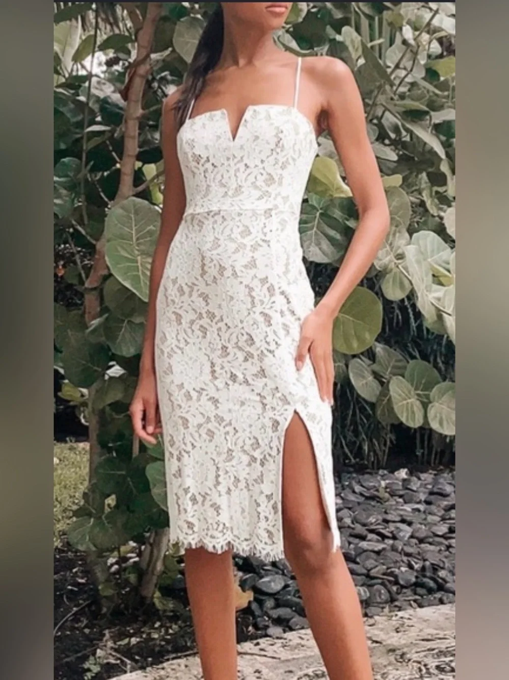Lulu's White Lace V-Notch Spaghetti Strap Midi Dress